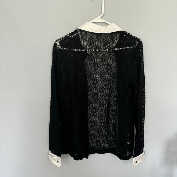 Ann Taylor Black Lace Button Down Top w/ White Accents Size 6 Classic Look - Picture 7 of 9